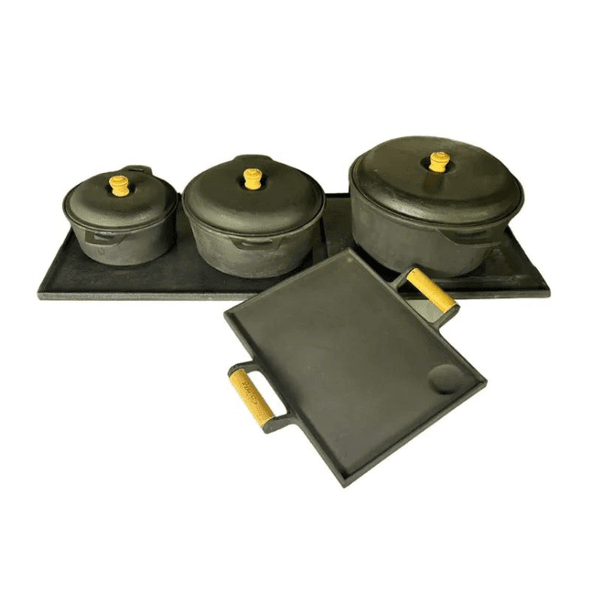 Jogo de 3 Panelas de ferro Fundido 20, 22 e26 cm + Chapa Multuiso Com Bifeteria