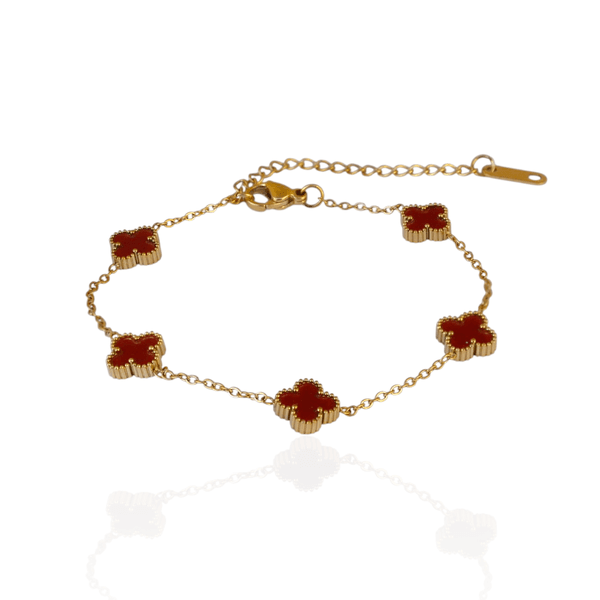 Pulseira Mini Trevo Vermelho Aço Inoxidável Dourado 