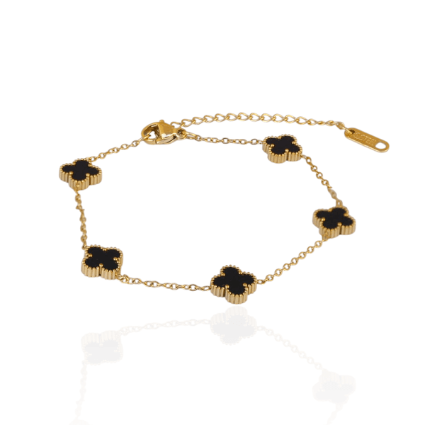 Pulseira Mini Trevo Preto Aço Inoxidável Dourado 