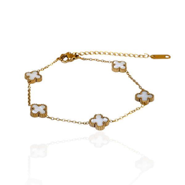 Pulseira Mini Trevo Branco Aço Inoxidável Dourado 