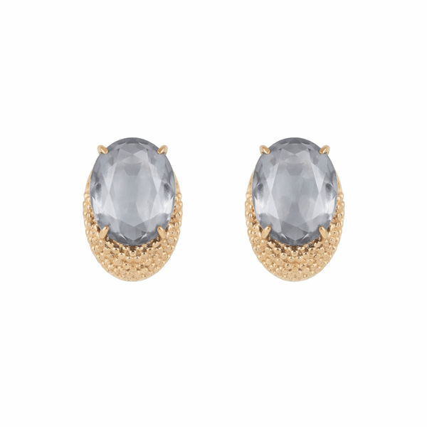 Brinco Zircônia Oval Fumê Com Detalhes Texturizados Semijoia Banho De Ouro 18k