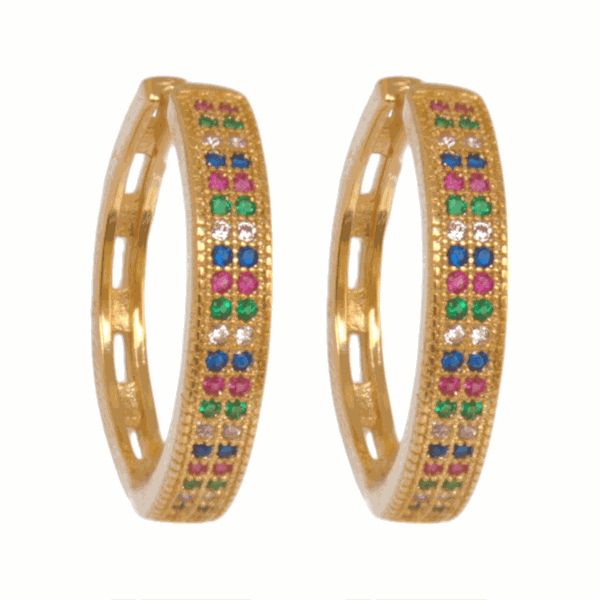 Brinco Argola Média Zircônias Coloridas Banho de Ouro 18K