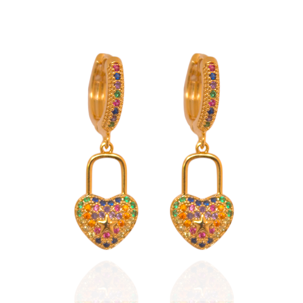 Brinco Argola Coração Cadeado Colorido Banho de Ouro 18K