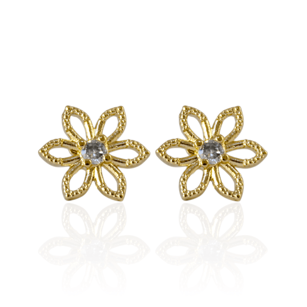 Brinco Flor Pétalas Vazadas com Zircônia Banho de Ouro 18K