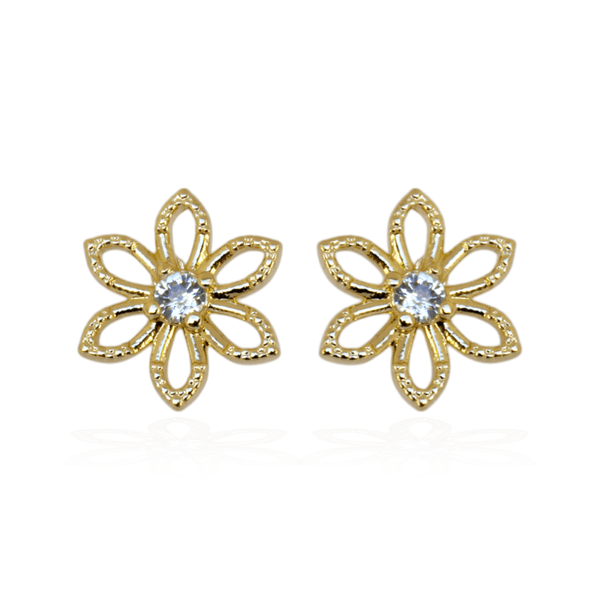 Brinco Flor Pétalas Vazadas com Zircônia Banho de Ouro 18K