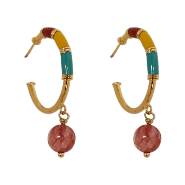 Brinco Argola Esmaltada Colors e Pedra Natural Jade Cereja Banho de Ouro 18K