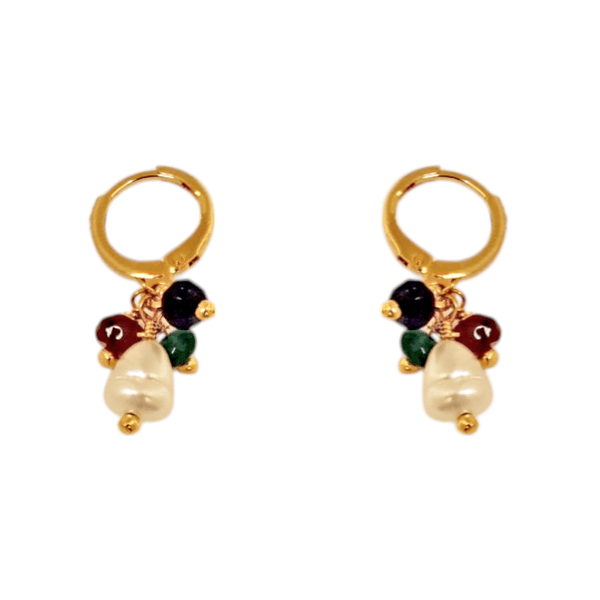 Brinco Argola Click Cacho Pedra Natural Jade, Rubelita, Safira e Pérola Cultivada Banho de Ouro 18K
