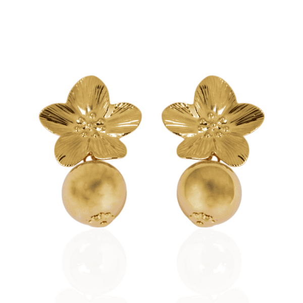 Brinco Flor com Esfera Pendurada Banho de Ouro 18K
