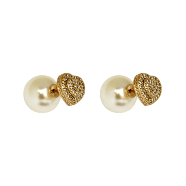 Brinco Grace Kelly Coração Cravejado e Pérola Banho de Ouro 18K