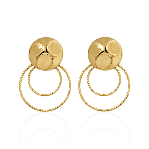 Brinco Base Orgânica e Dois Círculos Trabalhados Banho de Ouro 18K