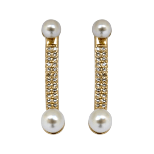 Brinco Ear Jacket Cravejado com Duas Pérolas Banho de Ouro 18K