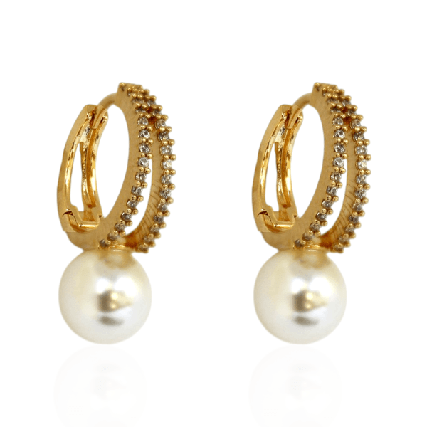 Brinco Argola Duas Fileiras Cravejadas e Pérola Banho de Ouro 18K