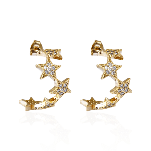 Brinco Meia Argola Estrelas com Zircônias Banho de Ouro 18K