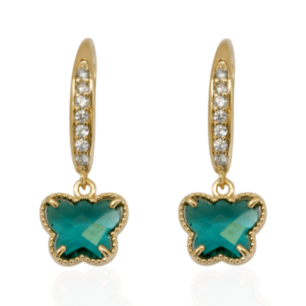 Brinco Argola Gancho Cravejado e Borboleta Verde Banho de Ouro 18K
