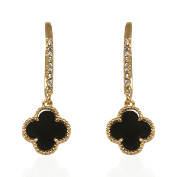 Brinco Argola Gancho Cravejado e Trevo Preto Banho de Ouro 18K