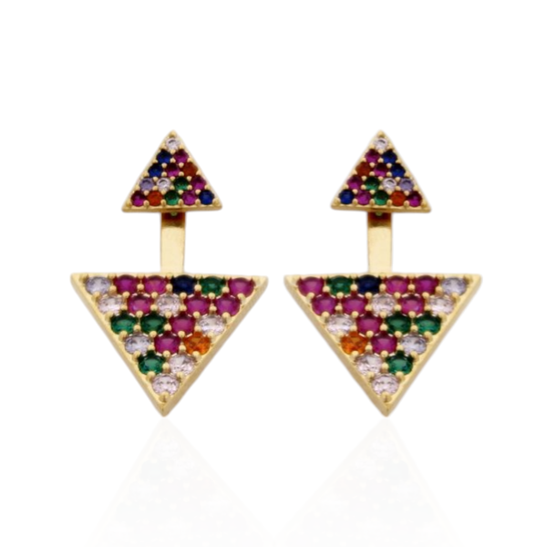 Brinco Ear Jacket Triângulos Coloridos Banho de Ouro 18K
