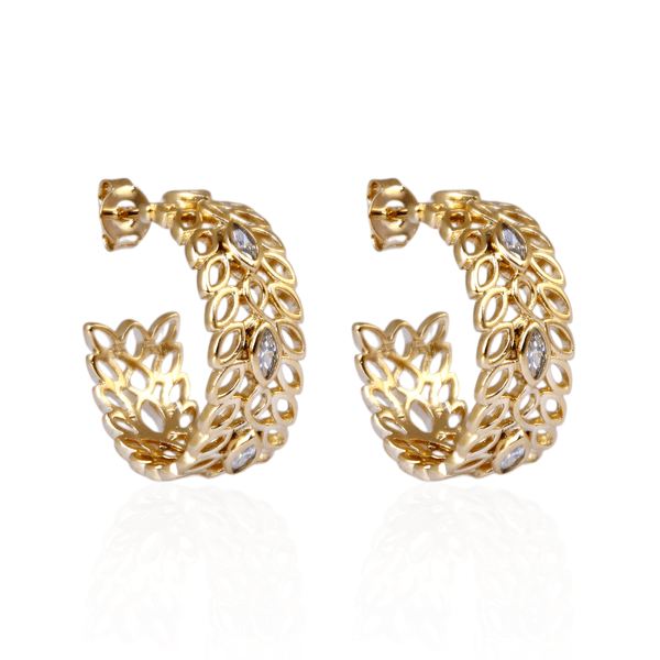Brinco Meia Argola Folhas com Zircônias Banho de Ouro 18K