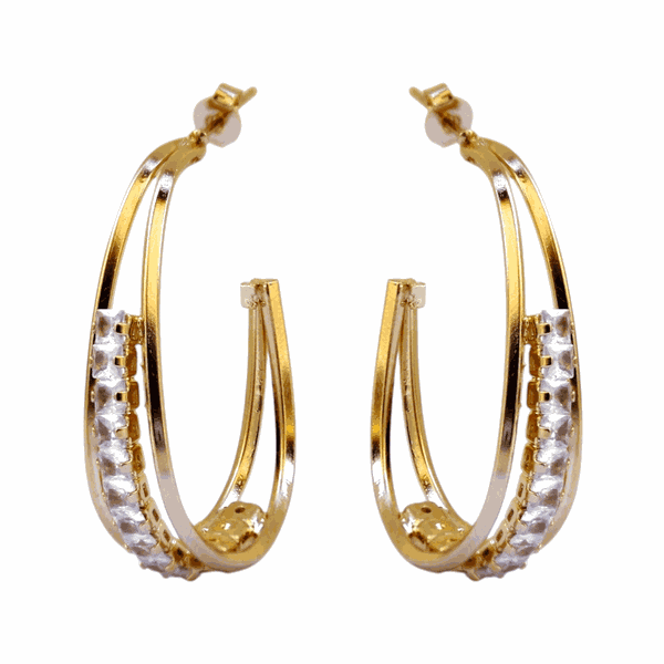 Brinco Meia Argola Oval com Zircônias Carrê Banho de Ouro 18K