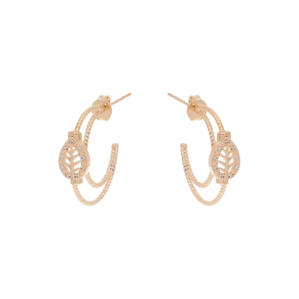 Brinco Meia Argola Trançada com Folha cravejada de Zirconia incolor by Kumbayá Joias 