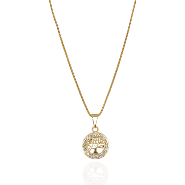 Colar Círculo Árvore da Vida Com Zirconias e Corrente Veneziana Banho de Ouro 18K