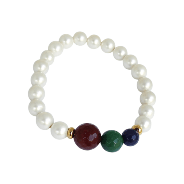 Pulseira Pérolas Shell E Pedras Naturais Jade Safira, Verde Esmeralda e Rubelita Banho de Ouro 18K