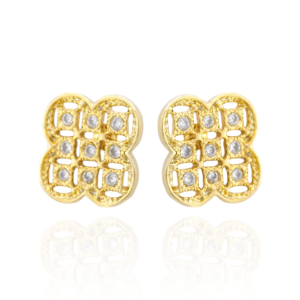 Brinco Trevo Cravejado com Zircônias Incolor Banho de Ouro 18K