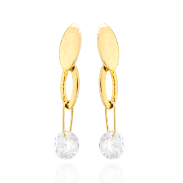 Brinco Base Oval Polido e Elos com Zircônia Incolor Banho de Ouro 18K