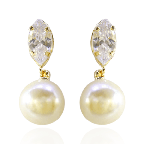 Brinco Base Oval Zircônia Incolor e Pérola Banho de Ouro 18K