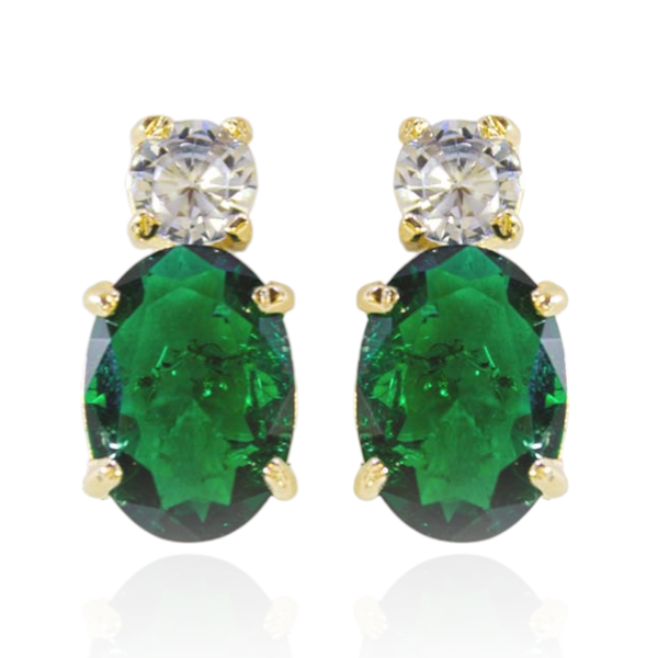 Brinco Oval Zircônia Verde Com Ponto de Luz Incolor Banho de Ouro 18K