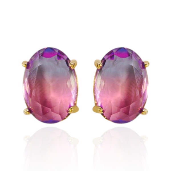 Brinco Oval Rainbow Cristal Lilás Duo Banho de Ouro 18K