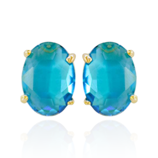 Brinco Oval Zircônia Azul Banho de Ouro 18K
