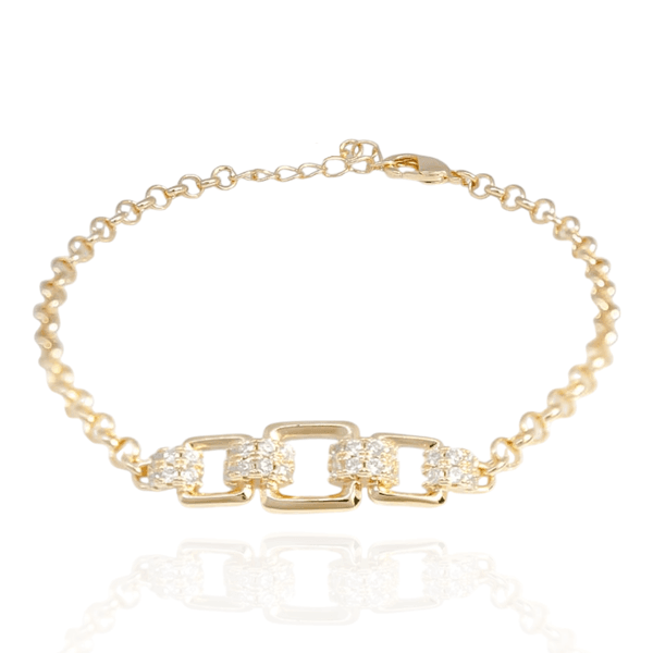 Pulseira Elo Português com Elos Quadrados Cravejados de Zircônia Banho de Ouro 18K