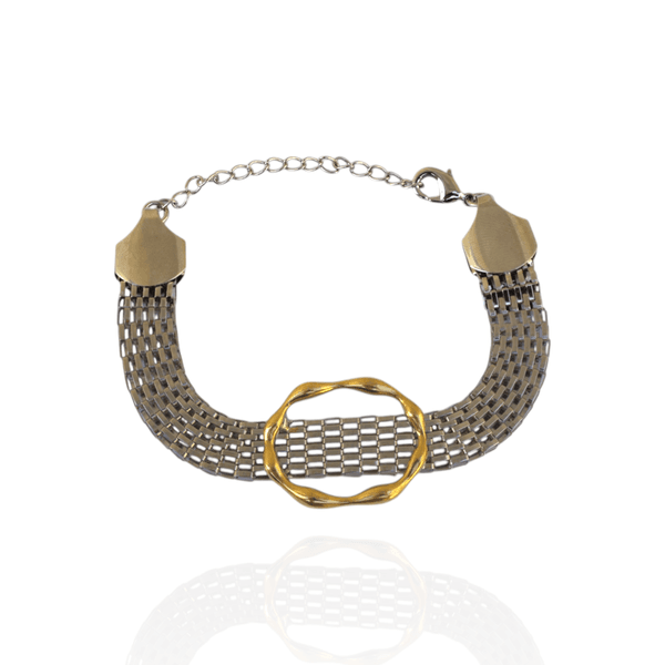 Pulseira Malha de Relógio com anel Dourado Semijoia Banho de Ródio