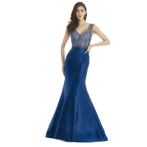 Vestido de festa em zibeline, com decote em v e alças largas- Azul se. -  Vestidos de festa e casamento civil