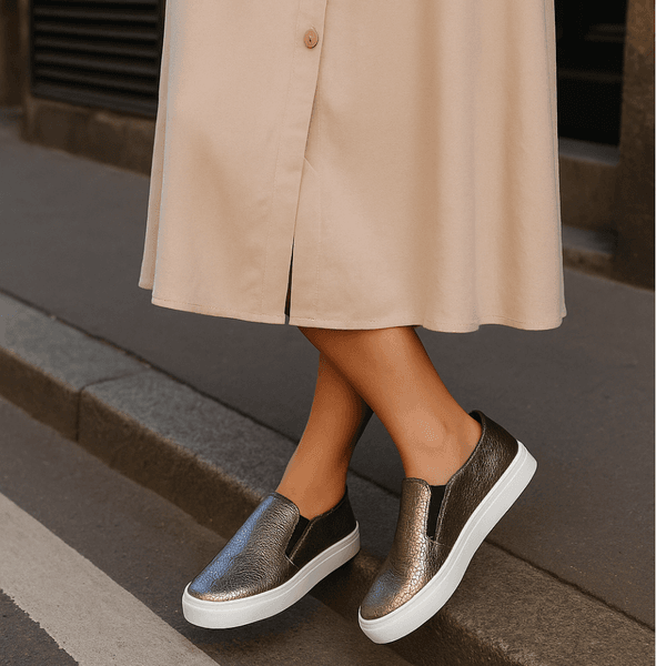 Tênis Slip On Couro Premium Craquele Metal Onix 1200