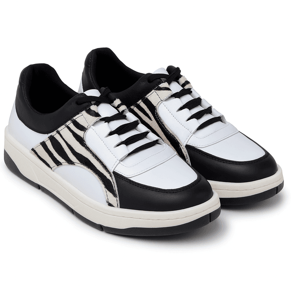 Tênis Casual Couro Premium Branco Preto Pelo Onça/ Zebra 2001