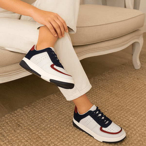 Tênis Casual Couro Premium Graxo Off White e Açai/Camurça Marinho 2033