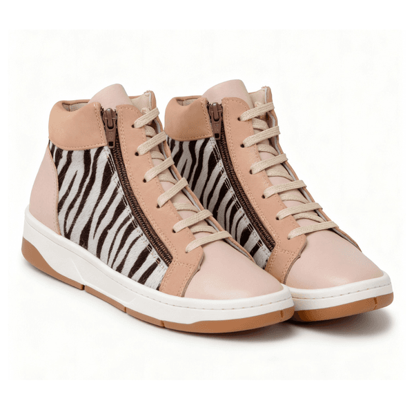Tênis Botinha em Couro Premium Animal Print Graxo Nude Pelo Zebra Natural 2055 
