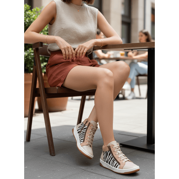 Tênis Botinha em Couro Premium Animal Print Graxo Nude Pelo Zebra Natural 2055 