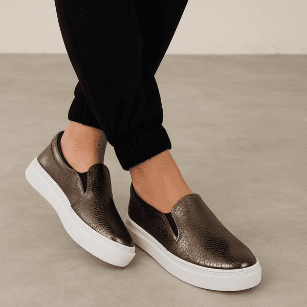 Tênis Slip On Couro Premium Craquele Metal Onix 1200
