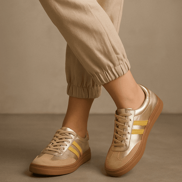 Tênis Casual Couro Premium Plume Glace Craquele Dourado 2042