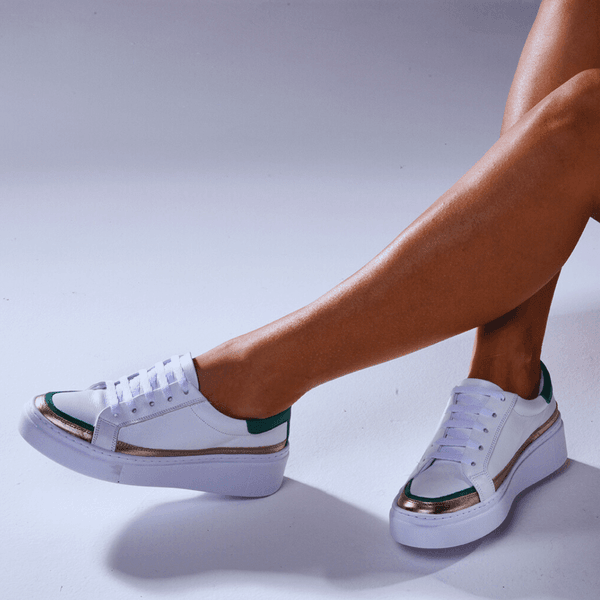 Tênis Casual Couro Premium Fly Branco/Verde/Metalic 7701