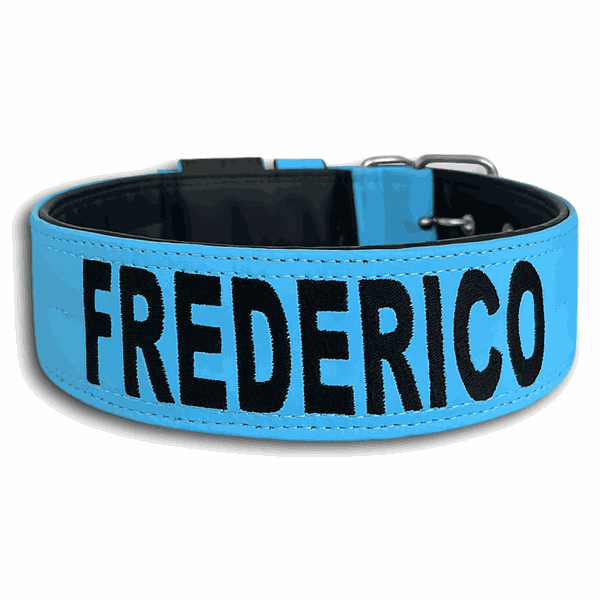 COLEIRA PERSONALIZADA 5cm azul bebê/preto com nome em preto