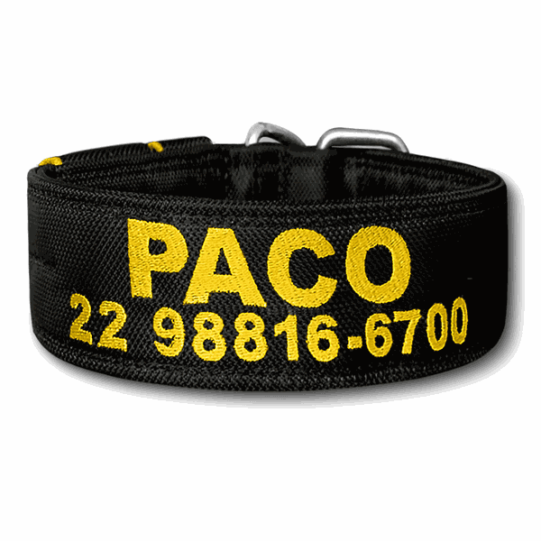 COLEIRA PERSONALIZADA 5cm preta com nome amarelo petróleo (nome e telefone) 
