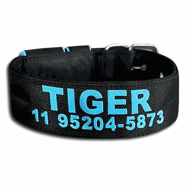 COLEIRA PERSONALIZADA 5cm preta com nome azul bebê (nome e telefone)