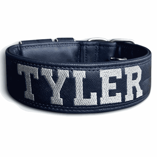 COLEIRA PERSONALIZADA 5cm azul marinho com nome em prata