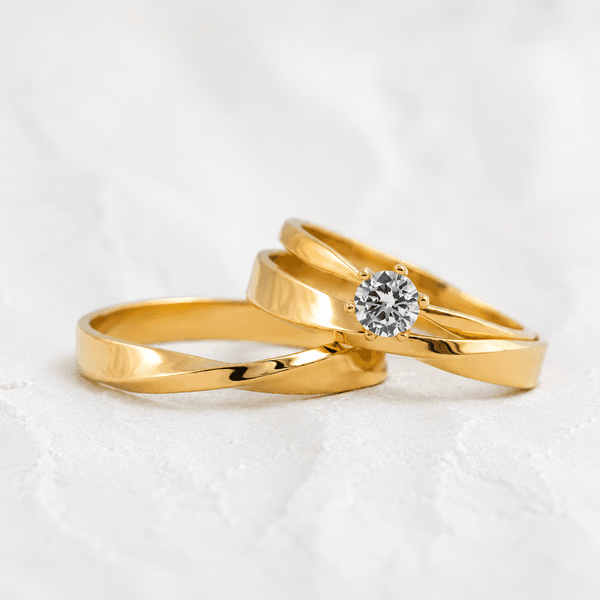 Aliança de Casamento em Ouro Eternal 3mm e Anel Solitário Lune - Conjunto - Rosê & Co.