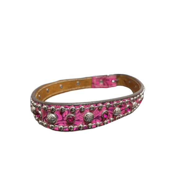 Coleira Para Cachorro Larga Master - Couro Rosa/Strass Rosa/Cravinhos/Tachas