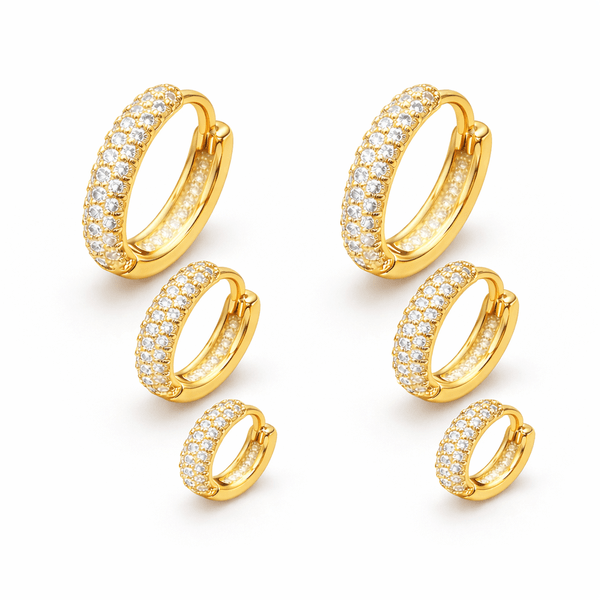 Brinco Trio Argola Click Cravejado Hipoalergênico Banhado a Ouro 18K 