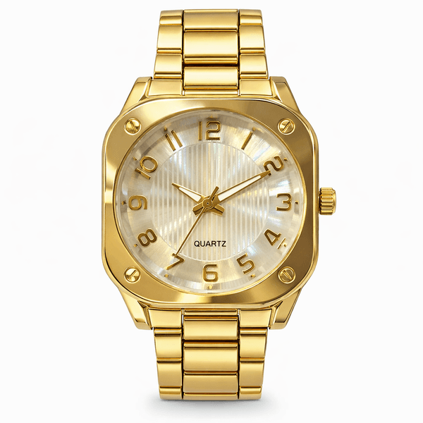 Relógio Quartz Quadrado Redondo Branco Aço Dourado 